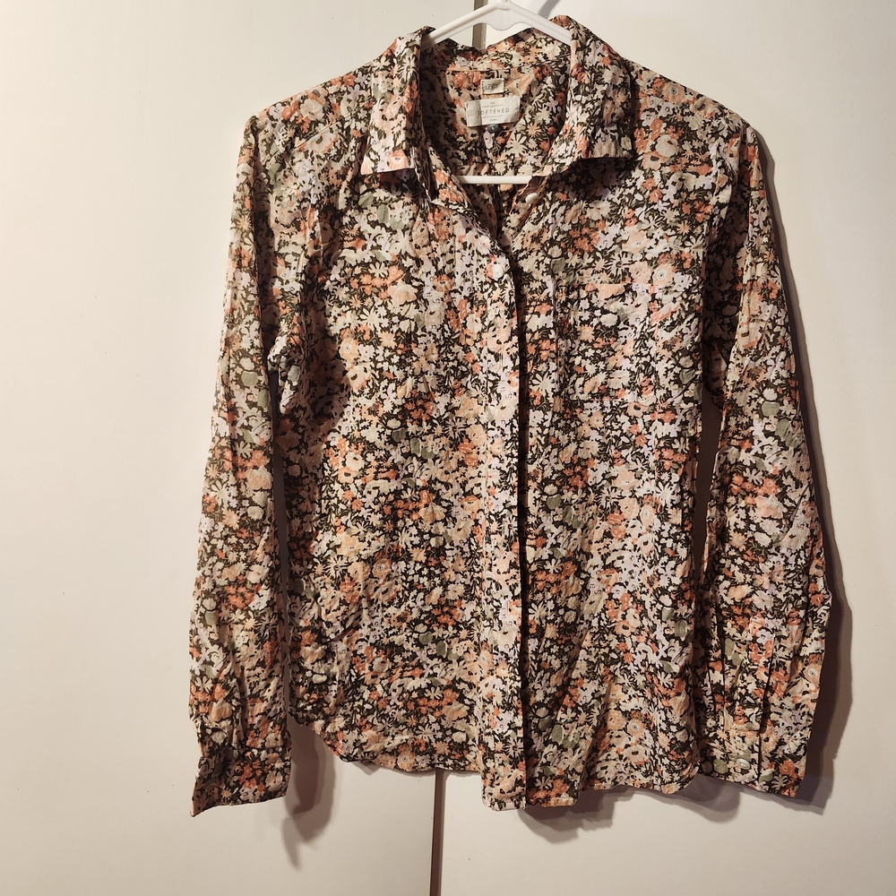 LOFT Floral Button-Down Shirt - Olive Green & Peach